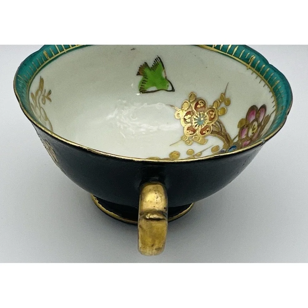 Trimont Teacup Saucer Set Black Gold Moriage Jeweled Floral Japan Vintage China